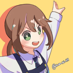 1girl :d apron arms_up black_apron black_necktie brown_hair collared_shirt green_eyes long_bangs long_sleeves looking_at_viewer name_tag necktie non_ni_1111 open_mouth ponytail rita_(youchien_wars) shadow shirt simple_background smile solo twitter_username yellow_background youchien_wars