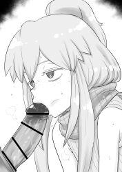 1boy 1girl absurdres bar_censor bare_shoulders censored deux_murasame erection fellatio flat_chest freckles greyscale gundam gundam_gquuuuuux hetero highres kaiman_garupan long_hair monochrome oral penis scarf solo_focus sweat