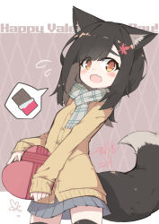 1girl animal_ear_fluff animal_ears black_hair black_tail black_thighhighs blush border borrowed_character box box_of_chocolates breasts brown_background brown_cardigan buttons candy cardigan chocolate chocolate_bar commentary_request commission cowboy_shot english_text eyebrows_hidden_by_hair fang flying_sweatdrops food fox_ears fox_girl fox_tail gift grey_scarf grey_skirt hair_ornament happy_valentine heart heart-shaped_box holding holding_box holding_gift holding_heart image_in_speech_bubble leaf_hair_ornament long_hair long_sleeves looking_at_viewer maple_leaf_hair_ornament miniskirt murabatodenki open_mouth original outside_border plaid_clothes plaid_scarf pleated_skirt scarf skeb_commission skin_fang skirt sleeves_past_wrists small_breasts smile solo speech_bubble spoken_food standing tail tareme thighhighs valentine white_border yellow_eyes
