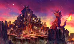 1990s_(style) bracelet canyon cliff cosmo_canyon evening facial_mark feather_hair_ornament feathers final_fantasy final_fantasy_vii fire hair_ornament house jewelry moon pippi_(pixiv_1922055) red_xiii retro_artstyle star_(sky) tattoo torch town