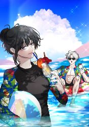 1boy 1girl artist_request baek_siyun ball barefoot beach beachball black_eyes black_hair black_shirt black_short blue_jacket blue_sky choi_jeongmin closed_mouth cloud cloudy_sky cup dreaming_freedom earrings floating floating_object hand_up highres jacket jewelry looking_at_viewer muscular muscular_male open_clothes open_shirt shirt sitting sky smile sunglasses underwater white_hair