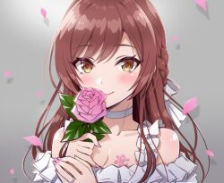 1girl bare_shoulders blush braid breasts choker cleavage closed_mouth collarbone dress flower frilled_dress frills hair_ribbon holding holding_flower idolmaster idolmaster_shiny_colors long_hair looking_at_viewer osaki_amana petals pink_flower pink_petals pink_rose red_hair ribbon rose smile solo swept_bangs urabi_(tomatohouse) white_choker white_dress yellow_eyes