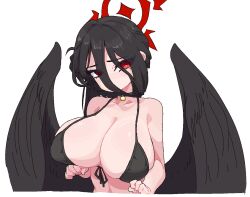 1girl bikini black_bikini black_choker black_hair black_wings blue_archive breasts choker commentary english_commentary hair_between_eyes halo hasumi_(blue_archive) hasumi_(swimsuit)_(blue_archive) huge_breasts long_hair long_hair_between_eyes neamosub red_halo simple_background solo swimsuit white_background wings