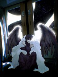 1boy against_door backlighting belt black_hair black_wings closed_eyes clothes_grab coat crossed_ankles curled_up feathered_wings full_body glass_door glowing hair_between_eyes highres indoors kim_dokja knees_up macaronijail male_focus omniscient_reader&#039;s_viewpoint solo space train_interior white_coat wings