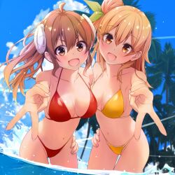 Rule 34 | 2girls, :d, bare arms, bikini, blue sky, breasts, brown hair, chuutaro metal, cleavage, cloud, collarbone, day, demon horns, hair between eyes, hair ribbon, hand on own hip, hinatsuki mikan, horns, large breasts, long hair, looking at viewer, machikado mazoku, multiple girls, navel, ocean, open mouth, orange hair, outdoors, palm tree, red bikini, ribbon, sky, smile, standing, swimsuit, tree, v, v-shaped eyebrows, wading, yellow bikini, yoshida yuuko (machikado mazoku)