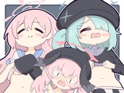 3girls aqua_hair blue_archive chibi feathered_wings hanako_(blue_archive) hat head_wings hiyori_(blue_archive) koharu_(blue_archive) long_hair long_sleeves multiple_girls navel no_nose open_mouth pink_hair shirt side_ponytail slit_pupils stomach surprised tearing_up twintails umihio wide-eyed wings