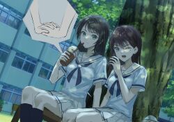 2girls bang_dream! bang_dream!_it&#039;s_mygo!!!!! black_hair blue_eyes blue_neckerchief blue_shirt closed_mouth cup dappled_sunlight disposable_cup hanasakigawa_school_uniform highres holding_hands interlocked_fingers kneehighs long_hair medium_hair multiple_girls neckerchief one_eye_closed open_mouth pleated_skirt purple_eyes sailor_collar school_uniform serafuku shiina_taki shirt short_sleeves sitting skirt socks sunlight teeth trileo405 white_sailor_collar white_skirt yahata_umiri yuri