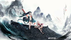 2girls arknights bandeau bare_legs bare_shoulders black_coat black_footwear black_hair boots breasts brown_footwear coat dragon_horns dragon_tail dress dusk_(arknights) floating_hair gradient_hair hair_over_one_eye highres holding holding_sword holding_weapon horns huge_weapon knee_up leg_tattoo long_hair long_sleeves looking_away medium_breasts midriff mountain mountainous_horizon multicolored_hair multiple_girls navel necktie nian_(arknights) no_socks off_shoulder official_art open_clothes open_coat outdoors outstretched_arms red_eyes reverse_grip rooftop short_dress short_shorts shorts siblings sisters sitting sleeveless sleeveless_dress standing sword tail tattoo thighs tile_roof torn_clothes torn_dress very_long_hair watermark weapon white_background white_coat white_dress white_hair white_shorts wide_shot wide_sleeves yyb