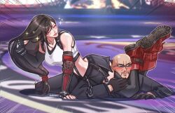 Rule 34 | 1boy, 1girl, artist name, bald, bare shoulders, black gloves, black hair, black skirt, black sports bra, black thighhighs, blurry, blurry background, blush, boots, breasts, closed eyes, closed mouth, commentary, crop top, duel, elbow gloves, emphasis lines, english commentary, final fantasy, final fantasy vii, final fantasy vii rebirth, final fantasy vii remake, fingerless gloves, foot up, full body, gloves, hand in own hair, hand on another&#039;s leg, highres, jacket, large breasts, lips, long hair, low-tied long hair, lying, midriff, narrow waist, on stomach, pants, photo-referenced, pink lips, red boots, rivarizu, rude (ff7), scissorhold, skirt, sparkle, sports bra, suit jacket, sunglasses, suspender skirt, suspenders, swept bangs, tank top, thighhighs, tifa lockhart, tokyo joshi pro wrestling, turks (ff7), white tank top, wrestling