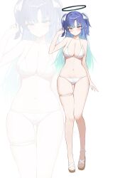 1girl absurdres aipa alternate_costume alternate_hairstyle bikini black_halo blue_archive blue_eyes blue_hair breasts commentary full_body gluteal_fold halo hand_up highres mechanical_halo navel o-ring o-ring_thigh_strap sandals skindentation swimsuit thigh_strap white_bikini yuuka_(blue_archive) zoom_layer