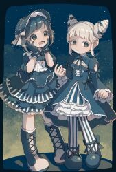 2girls black_border blunt_bangs bonnet boots border bow commentary_request cone_hair_bun double_bun dress frilled_dress frilled_sleeves frills fukurai_azami full_body gloves hair_bow hair_bun hands_on_own_cheeks hands_on_own_face hands_up highres knee_boots limited_palette lolita_fashion long_sleeves looking_at_another multiple_girls neck_ribbon open_mouth qoo_1025 ribbon shoes short_hair smile standing tomarigi_yasumi toshi_densetsu_kaitai_center