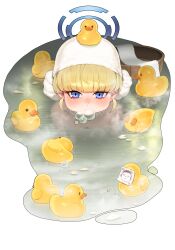 1girl absurdres blonde_hair blowing_bubbles blue_archive blue_eyes blunt_bangs blush highres looking_at_viewer onsen rubber_duck sb_(dlwnsrl1783) sensei_(blue_archive) short_hair solo toki_(blue_archive) water