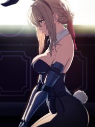 1girl alternate_costume amputee animal_ears armless_amputee black_leotard blonde_hair blue_eyes blush braid breasts chair cleavage commentary_request detached_collar fake_animal_ears fake_tail from_side gloves head_out_of_frame highres indoors kneeling large_breasts leotard long_hair mechanical_arms pantyhose playboy_bunny profile rabbit_ears rabbit_tail sando_(dukedevil) sidelocks solo tail violet_evergarden violet_evergarden_(series)