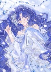 1girl absurdres bare_shoulders blue_background blue_dress blue_eyes blue_hair blue_theme character_request chinese_commentary closed_mouth commentary_request cowboy_shot dress hair_ornament happy highres jewelry lace-trimmed_sleeves lace_trim light_blush light_particles lips long_dress long_hair long_sleeves looking_at_viewer lying miracle_nikki necklace nikki_(series) off-shoulder_dress off_shoulder on_back parted_bangs pink_lips qingxu sleeves_past_fingers sleeves_past_wrists smile snowflake_hair_ornament solo very_long_hair wavy_hair wide_sleeves