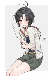 Rule 34 | 1girl, absurdres, aburi-gatana, antenna hair, black hair, blue camisole, blush, border, camisole, embarrassed, green shorts, grey background, hand cursor, highres, hood, hooded jacket, idolmaster, idolmaster (classic), invisible chair, jacket, kikuchi makoto, outside border, parted lips, purple eyes, short hair, shorts, single bare shoulder, sitting, solo, spaghetti strap, teeth, tomboy, translated, white border, white jacket