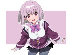 Rule 34 | 1girl, absurdres, black skirt, blush, bow, breasts, fanged bangs, grey pantyhose, gridman universe, highres, hood, hoodie, large breasts, long sleeves, looking at viewer, maorisu henkyo haku, medium hair, open mouth, pantyhose, pink background, pink bow, pink eyes, pink hair, purple hoodie, shinjou akane, shirt, skirt, smile, solo, ssss.gridman, teeth, two-tone background, upper teeth only, white background, white shirt, zipper