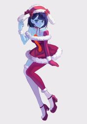 Rule 34 | animal ears, asymmetrical legwear, blue eyes, blue skin, blunt bangs, bob cut, choker, colored skin, dress, ena: dream bbq, ena (dream bbq) (joel g), ena (series), fake animal ears, fur-trimmed dress, fur trim, hangover ena (joel g), high heels, highres, multicolored skin, red skin, santa costume, santa dress, single thighhigh, thighhighs, usagimarumei