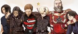 Rule 34 | absurdres, beard, black hair, blonde hair, blush, brown hair, bucky barnes, closed mouth, dark-skinned female, dark skin, facial hair, father and daughter, fingerless gloves, ghost (marvel), gloves, hand on own face, highres, hug, marvel, marvel cinematic universe, park ongjol, prosthesis, prosthetic arm, red guardian (marvel), sentry (marvel), short hair, simple background, smile, thunderbolts (film), white background, yelena belova