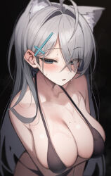 1girl :o absurdres ahoge alternate_costume animal_ears arm_under_breasts bikini black_background black_bikini blue_archive blush breasts collarbone commentary cross_hair_ornament extra_ears gi_myeong_02 green_eyes hair_ornament hair_over_one_eye halterneck highres large_breasts long_hair looking_at_viewer mole mole_on_breast shiroko_(blue_archive) shiroko_terror_(blue_archive) simple_background skindentation solo straight_hair string_bikini sweat swimsuit very_long_hair wolf_ears