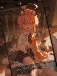 Rule 34 | 1girl, absurdres, ahoge, animal, black halo, blue archive, braid, cat, cellphone, cellphone photo, clothes around waist, grey cat, hair between eyes, halo, highres, holding, holding animal, holding cat, jacket, jesslapt, long hair, mole, mole under eye, neru (blue archive), neru (school uniform) (blue archive), official alternate costume, open mouth, orange hair, phone, pleated skirt, red eyes, school uniform, shirt, single braid, skirt, smartphone, taking picture, viewfinder, white shirt