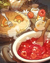 baking blush_stickers commentary cooking_pot food fork fruit harukui highres holding holding_fork holding_spoon indoors jar kirby kirby_(series) lying minimized nintendo no_humans no_mouth on_stomach plant potted_plant raspberry sitting spoon stirring symbol-only_commentary waddle_dee