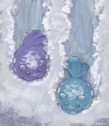 Rule 34 | absurdres, alternate color, blue fur, dietranch, from above, gen 3 pokemon, highres, nintendo, no humans, outdoors, pokemon, pokemon (creature), purple fur, shiny pokemon, signature, snow, spheal