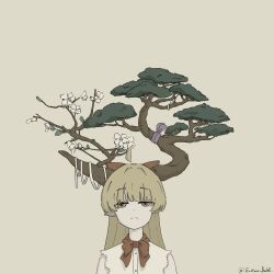 absurdres blonde_hair bonsai bow facing_viewer flower grey_background gustavo_badell hair_bow highres horn_ornament horn_ribbon horns ibuki_suika jitome leaf long_hair oni plant purple_ribbon red_bow ribbon signature simple_background sleeveless touhou tree white_flower white_ribbon yellow_eyes