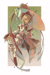 1girl absurdres blonde_hair blue_eyes dress full_body gensou_getsumen_rt highres hinaichigo holding holding_umbrella long_hair medium_hair parasol rozen_maiden shadow solo sunlight taishou umbrella white_dress
