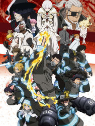 6+boys 6+girls absurdres akitaru_oubi arthur_boyle bandaged_arm bandages barefoot beard belt_buckle black_hair blonde_hair blue_eyes breasts brown_hair buckle character_request charon_(en&#039;en_no_shouboutai) cigarette cleavage dark-skinned_male dark_skin en&#039;en_no_shouboutai eyepatch facial_hair fingerless_gloves fire gloves glowing glowing_eyes grey_hair grin gun hat haumea highres iris_(enen_no_shouboutai) joker_(en&#039;en_no_shouboutai) kasugatani_inca kurono_yuuichirou leonard_burns long_hair looking_at_viewer maki_oze multiple_boys multiple_girls nataku_son necktie official_art open_mouth pink_eyes pink_hair red_eyes sharp_teeth shinra_kusakabe short_hair shou_kusakabe smile smoking submachine_gun suspenders takehisa_hinawa tamaki_kotatsu teeth tongue tongue_out uniform viktor_licht vulcan_joseph weapon white_hair yellow_eyes