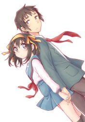 1boy 1girl back-to-back black_socks blazer blue_sailor_collar blue_skirt blush brown_eyes brown_hair brown_pants green_jacket hair_ribbon hairband height_difference hetero holding_hands jacket kita_high_school_uniform kneehighs kyon long_sleeves looking_at_another looking_back necktie open_clothes open_jacket pants pocket red_necktie red_ribbon ribbon sailor_collar school_uniform serafuku shirt short_hair simple_background skirt smile socks suzumiya_haruhi suzumiya_haruhi_no_yuuutsu taiki_(6240taiki) white_background white_shirt yellow_hairband yellow_ribbon