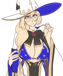 1girl absurdres aesc_(fate) aesc_(rain_witch)_(fate) bikini bikini_top_only blonde_hair blue_bikini blue_eyes blush book braid breasts cleavage clenched_hand cloak fate/grand_order fate_(series) glasses hand_up hat highres holding holding_book large_breasts long_hair long_sleeves looking_at_viewer moren_eh open_clothes open_robe robe round_eyewear simple_background solo star_(symbol) swimsuit white_background white_cloak white_hat white_robe wide_brim witch_hat