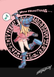1girl black_background blonde_hair blue_hat capelet dark_magician_girl duel_monster english_text from_behind full_body hat highres musical_note painting_(action) panties pink_background pink_capelet pink_skirt sengenjin31 signature simple_background skirt solo speech_bubble spoken_musical_note standing standing_on_one_leg underwear white_panties yu-gi-oh!