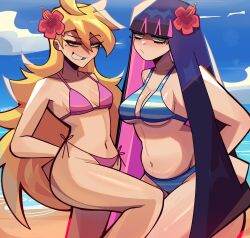 2girls absurdres ahoge arms_behind_back bare_shoulders beach belly bikini blonde_hair blue_sky blunt_bangs breasts closed_mouth cloud cloudy_sky commentary dhalsk english_commentary eyeshadow feet_out_of_frame flower frown green_eyes hair_flower hair_ornament highres horizontal-striped_bikini long_hair looking_at_viewer looking_to_the_side makeup medium_breasts multiple_girls navel outdoors panty_&amp;_stocking_with_garterbelt panty_(psg) pink_bikini plump purple_hair sand sky small_breasts smile stocking_(psg) swimsuit teeth thighs