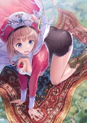 1girl absurdres atelier_(series) atelier_rorona blue_eyes boots breasts brown_dress brown_hair cape dress feather_hair_ornament feathers flying hair_ornament hat highres jewelry kishida_mel kneeling large_breasts looking_away magic_carpet medium_hair open_mouth outdoors pendant red_hat rorolina_frixell skirt solo