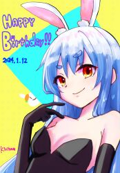 Rule 34 | 1girl, animal ear fluff, animal ears, bare shoulders, black gloves, black leotard, blue background, blue hair, breasts, closed mouth, collarbone, commentary request, dated, elbow gloves, gloves, hair between eyes, hand up, happy birthday, highres, hololive, kiritoma, leotard, long hair, looking at viewer, pekomon (usada pekora), polka dot, polka dot background, rabbit ears, red eyes, short eyebrows, signature, small breasts, smile, solo focus, strapless, strapless leotard, thick eyebrows, upper body, usada pekora, virtual youtuber