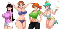 4girls absurdres alternate_body_size alternate_breast_size animification aqua_boots aqua_hair armpits arms_behind_back artist_name bare_shoulders bikini black_hair blue_bikini blue_eyes blunt_bangs boots breasts brown_hair cameltoe cleavage closed_mouth commentary cowboy_shot curvy earrings everyone evil_grin evil_smile fairy fairy_wings floating grin hands_on_own_hips highres huge_breasts jewelry jmg large_breasts leotard long_hair looking_at_viewer looking_down looking_to_the_side mature_female microskirt midair midriff multiple_girls navel necklace orange_hair pearl_necklace ponytail short_hair short_sleeves signature simple_background skirt smile solo standing strapless strapless_bikini strapless_leotard sweater swimsuit teresa_turner the_fairly_oddparents thick_thighs thighs tooth_fairy_(fairly_oddparents) trixie_tang turtleneck vicky_(fairly_oddparents) wand white_background white_skirt wide_hips wings
