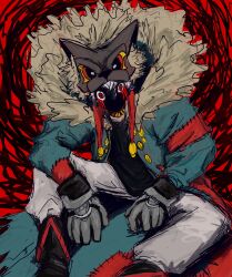 Rule 34 | 1boy, aqua jacket, black boots, black hair, boots, colored tips, facepaint, gachiakuta, gloves, gold ring, grey gloves, hebby, highres, hood, hoodie, jacket, looking at viewer, male focus, multicolored hair, pants, patch, red eyes, ringed eyes, rudo surebrec, shaded face, short hair, solo, spiked hair, two-tone hair, white hair, white pants, wolf hat