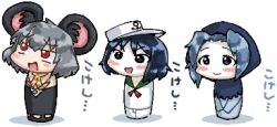 3girls animal_ears black_dress black_eyes black_hair blue_dress blue_hair blue_hood blush chibi chibi_only closed_mouth colored_skin cookie_(touhou) dress flour_(cookie) full_body grey_hair hat jewelry kumoi_ichirin lowres man_(man-room) milk_(cookie) mouse_ears mouse_girl mouse_tail multiple_girls murasa_minamitsu nazrin necklace nyon_(cookie) open_mouth red_eyes sailor_hat shirt short_hair shorts simple_background smile tail touhou translation_request white_background white_shirt white_shorts white_skin