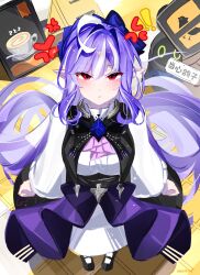 1girl absurdres anger_vein ascot bangboo_(zenless_zone_zero) black_skirt blush breasts center_frills chinese_commentary coffee commentary_request dated dress frills highres large_breasts long_hair long_sleeves looking_at_viewer multicolored_hair overskirt pointy_ears pout purple_ascot purple_hair red_eyes skirt solo standing streaked_hair very_long_hair vivian_banshee voi_271 white_dress zenless_zone_zero