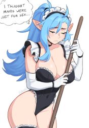 1girl artist_name black_leotard blue_hair breasts broom cleavage closed_mouth collarbone covered_navel crying elbow_gloves english_text frown gloves groin highres holding holding_broom large_breasts leotard long_hair maid maid_headdress original pointy_ears rob_ishi simple_background solo speech_bubble tears white_background white_gloves