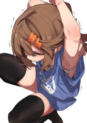 1girl black_thighhighs blue_skirt brown_eyes brown_hair fu-ta hair_between_eyes hair_ornament hairclip highres long_hair original panties ponytail skirt solo striped_clothes striped_panties thighhighs underwear usami_taiga