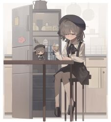 1girl absurdres ar2a beret black_bow black_bowtie black_hat black_shoes black_skirt border bow bowtie brown_eyes brown_hair can chair chibi closed_mouth collared_shirt cup expressionless hat hatoba_tsugu highres holding holding_cup indoors kitchen loafers long_sleeves on_chair one_side_up pantyhose refrigerator shirt shoes short_hair simple_background sitting skirt solo squeans suspender_skirt suspenders table tsugu_(vtuber) virtual_youtuber white_background white_border white_pantyhose white_shirt