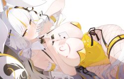 1girl absurdres ace_(playing_card) ace_of_hearts animal_ear_hairband animal_ears armband arrow_hair_ornament bare_shoulders between_breasts black_bow black_bowtie black_survival blunt_bangs blush body_writing bow bowtie breasts card cleavage collarbone colored_inner_hair commentary commission covered_navel detached_collar drawn_heart english_commentary eternal_return:_black_survival fake_animal_ears fishnet_pantyhose fishnets frilled_armband frills gloves gold_trim hair_intakes hair_spread_out hairband hand_to_own_mouth hands_up heart highres large_breasts leotard long_hair looking_at_viewer lying minami_rio minami_rio_(winning_shot) multicolored_hair official_alternate_costume on_side pantyhose partially_fingerless_gloves pixiv_commission playboy_bunny playing_card rabbit_ears schoppi_0731 simple_background single_glove solo strapless strapless_leotard streaked_hair thigh_strap thighs very_long_hair wavy_mouth white_background white_gloves white_hair white_wrist_cuffs wrist_cuffs yellow_eyes yellow_leotard
