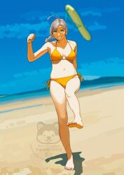 1girl absurdres beach bikini blue_sky blurry braid breasts cloud day depth_of_field full_body green_eyes grey_hair grin highres horizon kantai_collection kicking kinugasa_(kancolle) kinugasa_kai_ni_(kancolle) long_hair medium_breasts mountainous_horizon ocean ojipon outdoors sandals side-tie_bikini_bottom single_braid single_sandal sky smile solo swimsuit watermark yellow_bikini