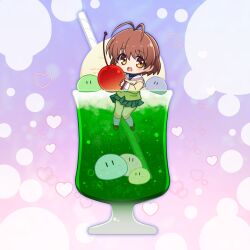 Rule 34 | 1girl, :d, antenna hair, blue skirt, blush, blush stickers, brown eyes, brown hair, cherry, chibi, clannad, cocktail, cocktail glass, commentary request, cup, dango daikazoku, drinking glass, food, fruit, furukawa nagisa, hair between eyes, hair ornament, hairclip, happy, heart, highres, hikarizaka private high school uniform, holding, holding food, holding fruit, ikeda jun (aquaqua), kneehighs, long sleeves, looking at viewer, medium hair, miniskirt, open mouth, pink background, pleated skirt, sailor collar, school uniform, serafuku, simple background, skirt, smile, socks, solo, tareme, white sailor collar, white socks, | |