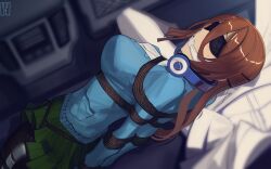 1girl 1other arms_behind_back bdsm black_blindfold black_pantyhose blindfold blue_cardigan blush bondage bound bound_arms bound_legs bound_wrists breasts brown_hair cad_(caddo) cardigan cleave_gag cloth_gag commentary commission crotch_rope english_commentary gag gagged go-toubun_no_hanayome green_skirt hair_between_eyes headphones headphones_around_neck highres improvised_gag kidnapping knot_gag lap_pillow large_breasts long_hair nakano_miku pantyhose pixiv_commission restrained rope second-party_source sex_toy shibari shirt skirt solo_focus vibrator white_shirt