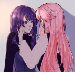 2girls black_dress black_shrug commentary dress english_commentary facing_another genshin_impact hair_intakes hair_ornament hair_over_shoulder hand_on_another&#039;s_cheek hand_on_another&#039;s_face hand_on_another&#039;s_shoulder heart heart_in_eye highres imnotxreitive long_hair long_sleeves looking_at_another multiple_girls parted_lips pinafore_dress pink_hair purple_dress purple_eyes purple_hair raiden_shogun shrug_(clothing) sleeveless sleeveless_dress star_(symbol) star_hair_ornament sweater symbol_in_eye upper_body white_sweater yae_miko yuri