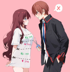 Rule 34 | 1boy, 1girl, a-chan (little busters!), alternate costume, black jacket, black pants, blue eyes, blue necktie, blush, brown eyes, brown hair, collared shirt, commentary request, cowboy shot, eyelashes, from side, hand in pocket, hetero, highres, holding, holding scissors, jacket, little busters!, little busters! school uniform, long hair, long sleeves, looking at another, miiizuno lbs, natsume kyousuke, necktie, open clothes, open jacket, open mouth, pants, profile, school uniform, scissors, shirt, short hair, short sleeves, speech bubble, spoken x, sweatdrop, t-shirt, twitter cutting game, very long hair, wavy hair, white shirt