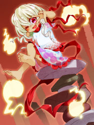 1girl barefoot commentary_request dark-skinned_female dark_skin dutch_angle ebisu_eika fang grey_hair happy highres long_earlobes medium_hair muchin_jousha one_eye_closed red_eyes red_ribbon ribbon rock_balancing skirt skirt_set solo sotoba spirit stack stone touhou v v_over_eye wily_beast_and_weakest_creature