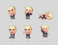 &gt;_&lt; 1girl :d :q ^_^ absurdres animal_ear_fluff animal_ears black_choker blonde_hair cait_aron chibi choker closed_eyes controller cramp dark-skinned_female dark_skin multiple_expressions flying_sweatdrops frilled_sleeves frills game_controller grey_background headphones highres holding holding_controller hololive jar long_hair long_sleeves mouth_hold multicolored_hair multiple_views open_mouth paresthesia red_eyes seaweed seiza shiranui_flare shiranui_flare_(street) simple_background sitting smile standing streaked_hair tongue tongue_out two-tone_hair victory_pose virtual_youtuber white_hair wide_sleeves
